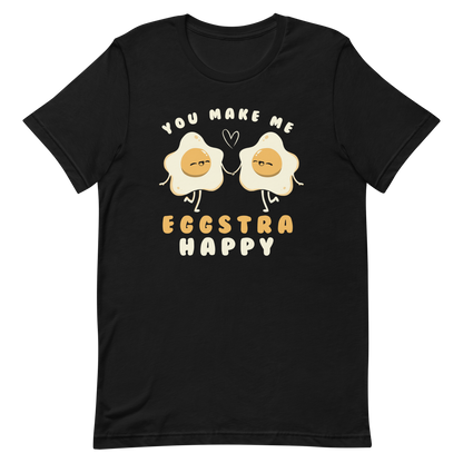 A fun and cute art of two bouncy starry eggs as if they were lovers, next to them the phrase "You make me eggstra happy". A humorous gift that combines love and eggs.