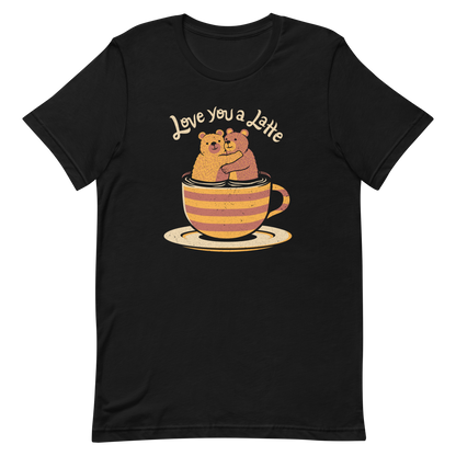 A cute Valentine’s Day illustration featuring two teddy bears hugging inside a cup of black coffee, paired with the phrase “I Love You a Latte”. A sweet and cosy design for coffee lovers, bear fans, and anyone who enjoys playful, romantic humour.

