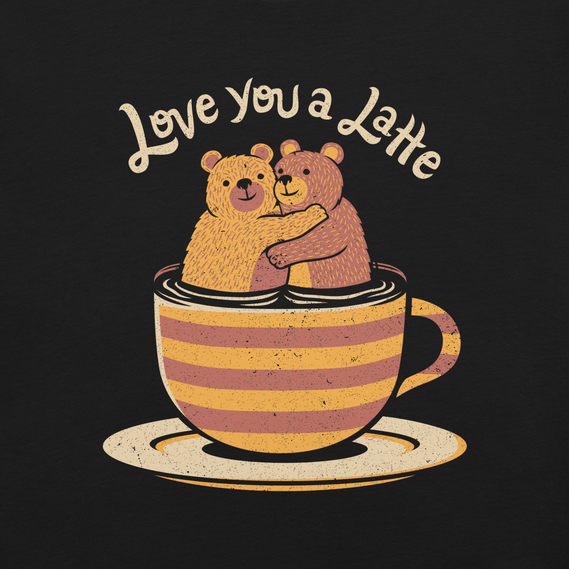 A cute Valentine’s Day illustration featuring two teddy bears hugging inside a cup of black coffee, paired with the phrase “I Love You a Latte”. A sweet and cosy design for coffee lovers, bear fans, and anyone who enjoys playful, romantic humour.

