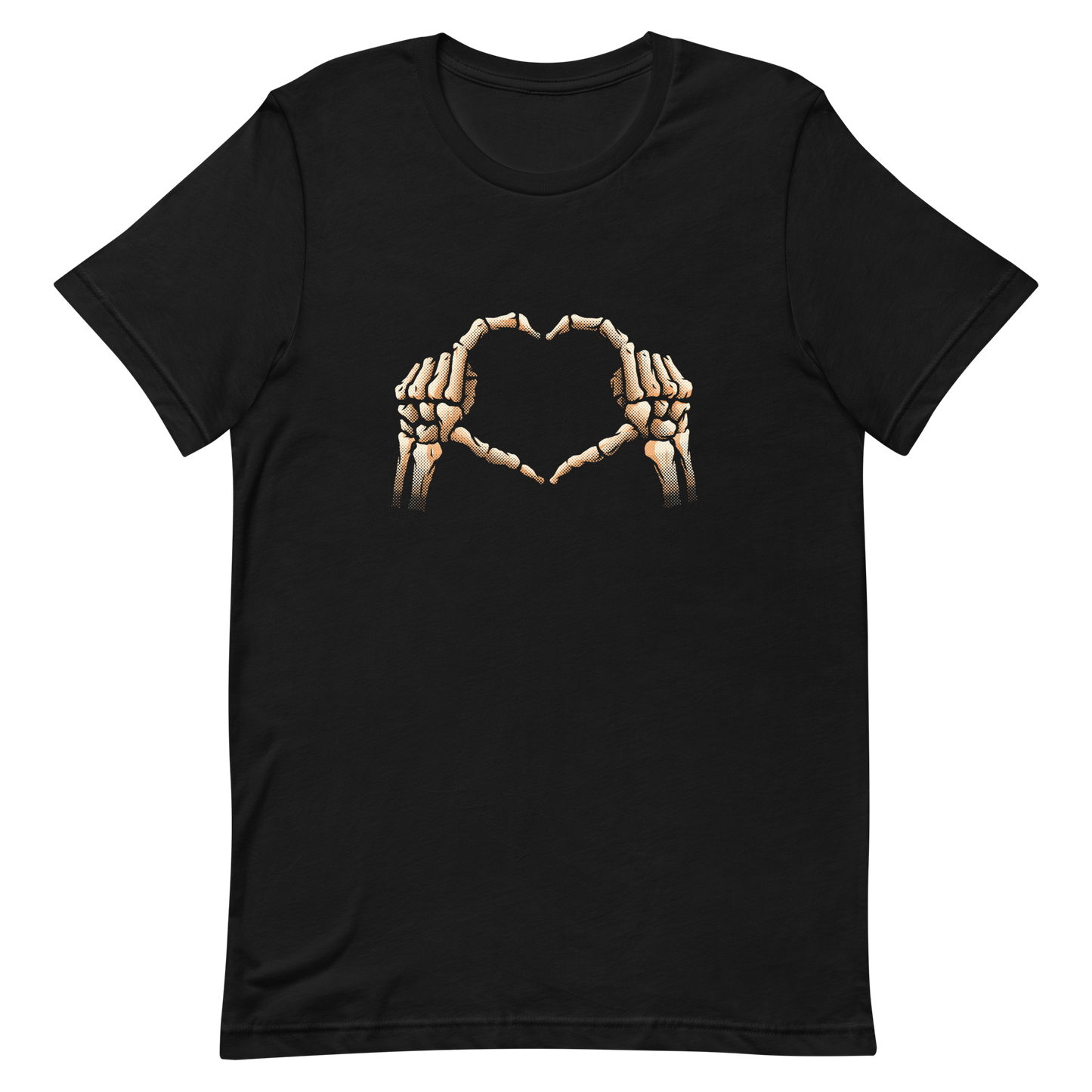 Two skeleton hands forming a heart with their fingers, an art that combines humor with love and is perfect for those who love Halloween.