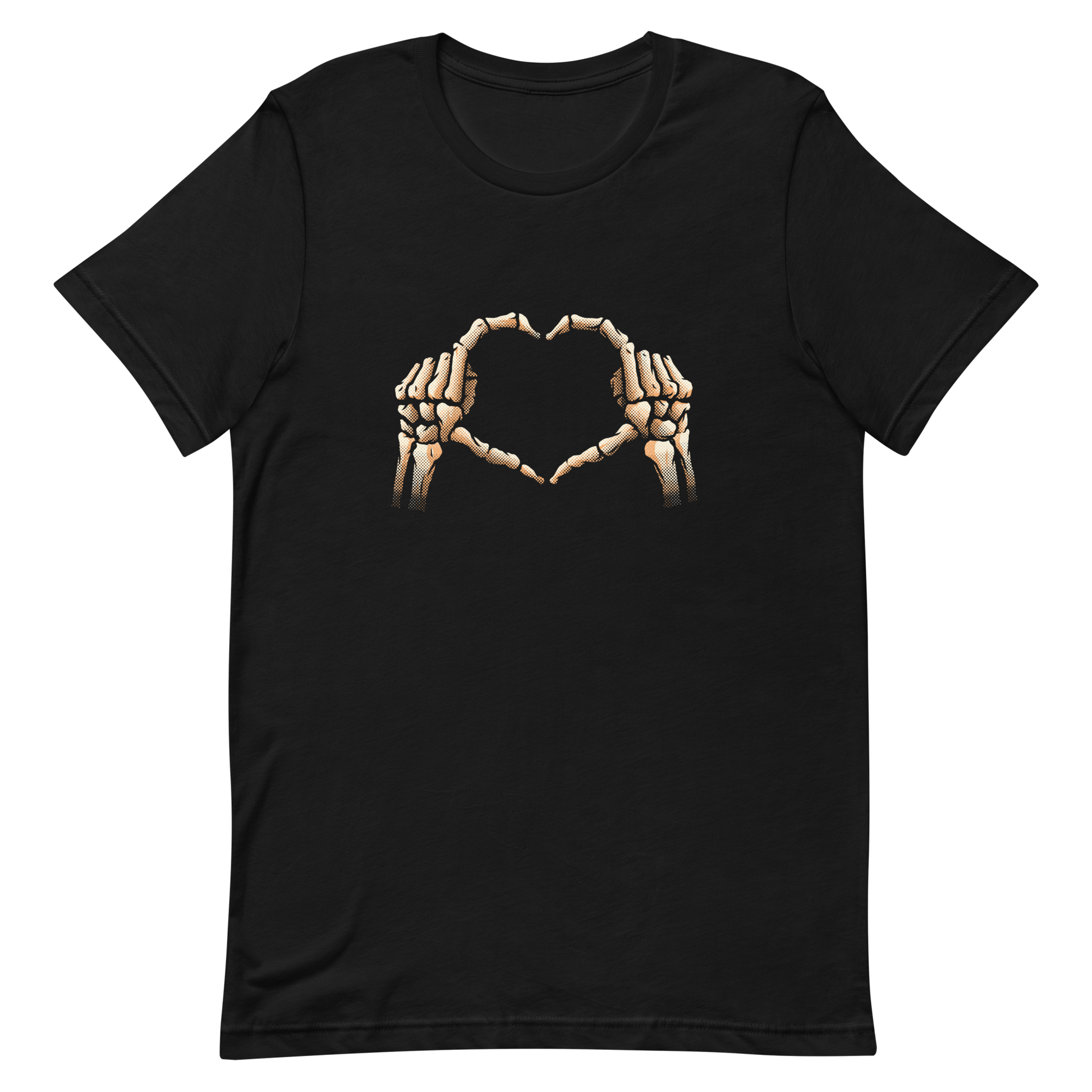 Two skeleton hands forming a heart with their fingers, an art that combines humor with love and is perfect for those who love Halloween.