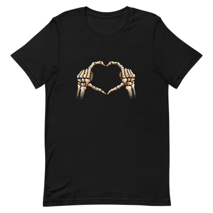 Two skeleton hands forming a heart with their fingers, an art that combines humor with love and is perfect for those who love Halloween.