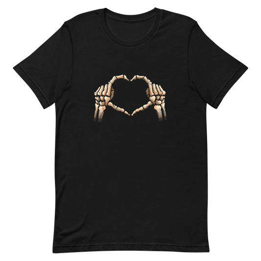 Two skeleton hands forming a heart with their fingers, an art that combines humor with love and is perfect for those who love Halloween.