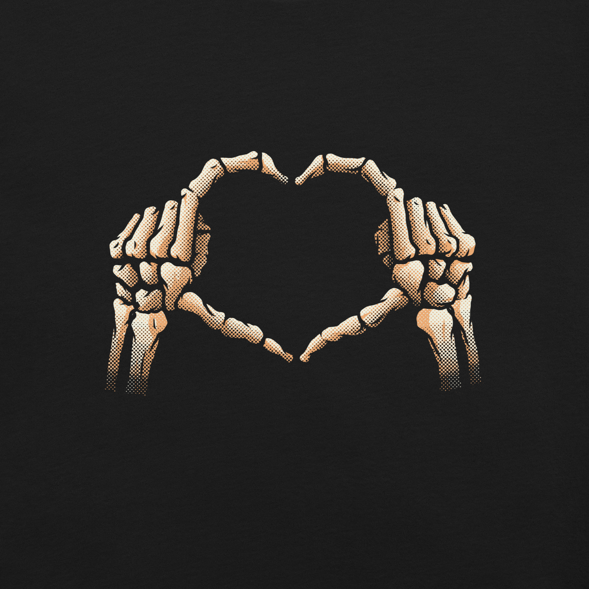 Two skeleton hands forming a heart with their fingers, an art that combines humor with love and is perfect for those who love Halloween.