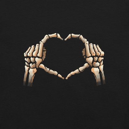 Two skeleton hands forming a heart with their fingers, an art that combines humor with love and is perfect for those who love Halloween.