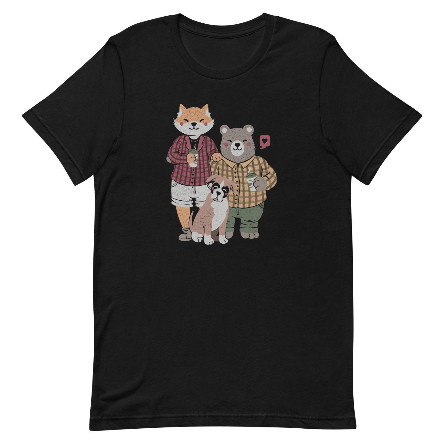 A beautiful family made up of a little red fox, a gray bear wearing plaid shirts and having a coffee with their boxer dog. An art that shows that families can be different what matters is love.