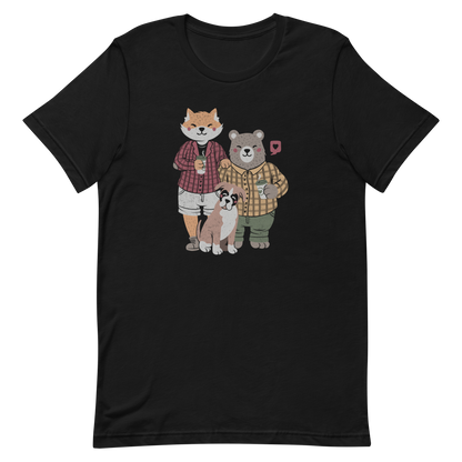 A beautiful family made up of a little red fox, a gray bear wearing plaid shirts and having a coffee with their boxer dog. An art that shows that families can be different what matters is love.