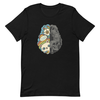 This artwork depicts a split brain, one side cheerful and vibrant with a cute cat, rainbows, and the phrase "Childlike Wonder," the other dark and gothic with skulls and the inscription "Memento Mor". It represents the duality between life and mortality, joy and decay. A perfect choice for fans of art with a macabre yet cute touch, psychological themes, and people who have an inner duality.