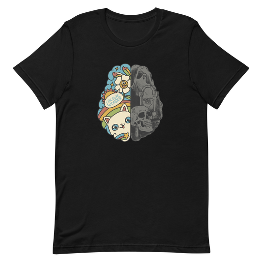 This artwork depicts a split brain, one side cheerful and vibrant with a cute cat, rainbows, and the phrase "Childlike Wonder," the other dark and gothic with skulls and the inscription "Memento Mor". It represents the duality between life and mortality, joy and decay. A perfect choice for fans of art with a macabre yet cute touch, psychological themes, and people who have an inner duality.