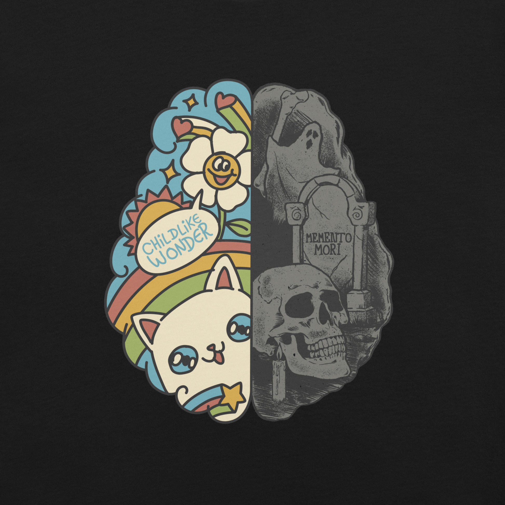 This artwork depicts a split brain, one side cheerful and vibrant with a cute cat, rainbows, and the phrase "Childlike Wonder," the other dark and gothic with skulls and the inscription "Memento Mor". It represents the duality between life and mortality, joy and decay. A perfect choice for fans of art with a macabre yet cute touch, psychological themes, and people who have an inner duality.