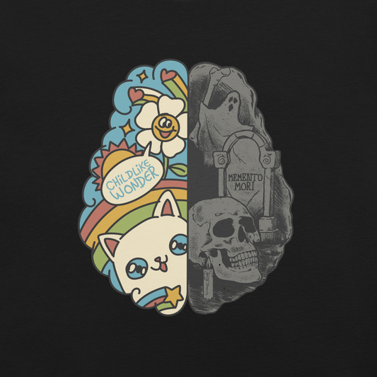 This artwork depicts a split brain, one side cheerful and vibrant with a cute cat, rainbows, and the phrase "Childlike Wonder," the other dark and gothic with skulls and the inscription "Memento Mor". It represents the duality between life and mortality, joy and decay. A perfect choice for fans of art with a macabre yet cute touch, psychological themes, and people who have an inner duality.