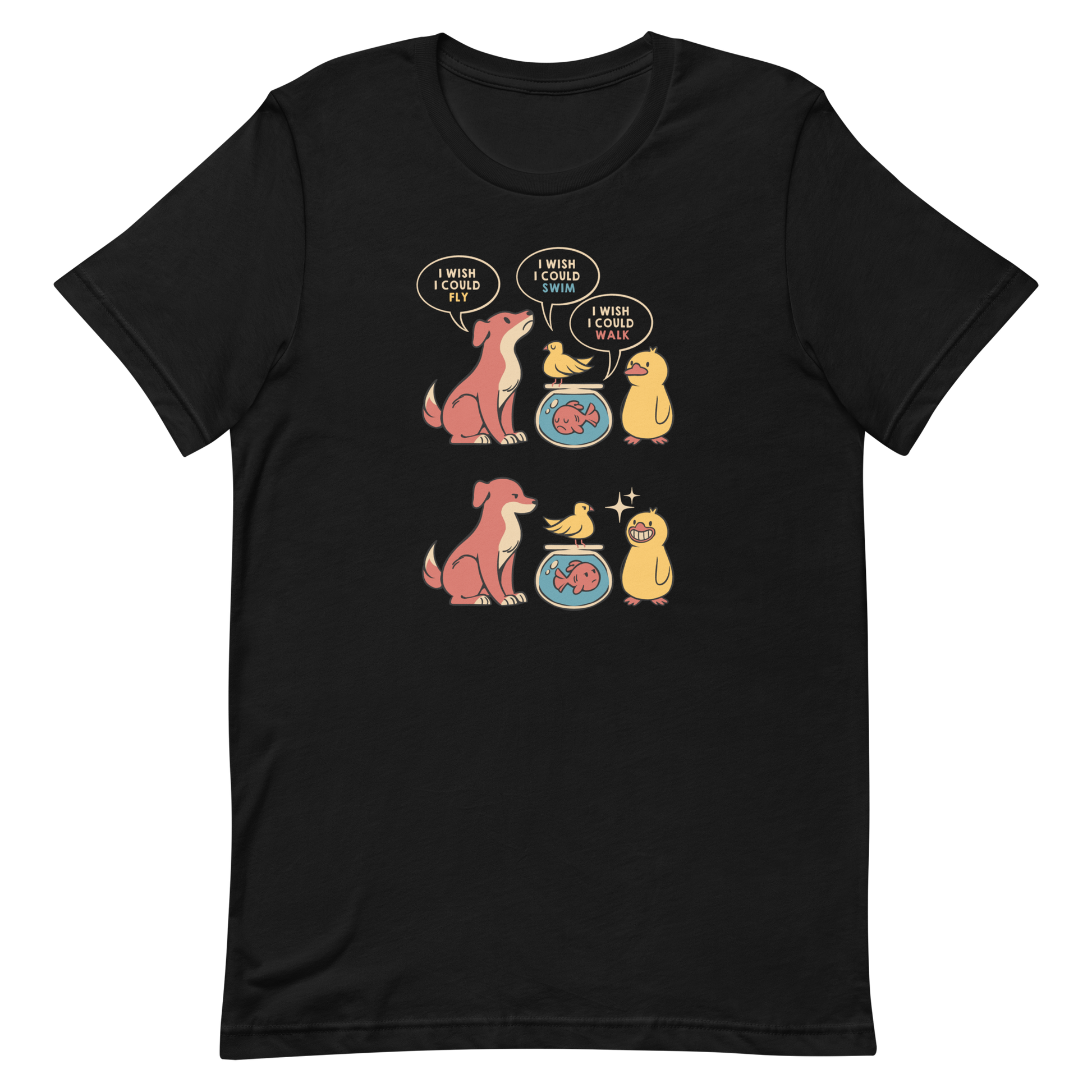 This funny and heartwarming illustration shows a dog, a bird, a fish and a duck each wishing they could do what the others can — fly, swim or walk. In the end, the duck proudly realizes it can do all three, delivering a cute reminder to appreciate your own abilities. A perfect illustration for animal lovers and fans of positive, humorous art.