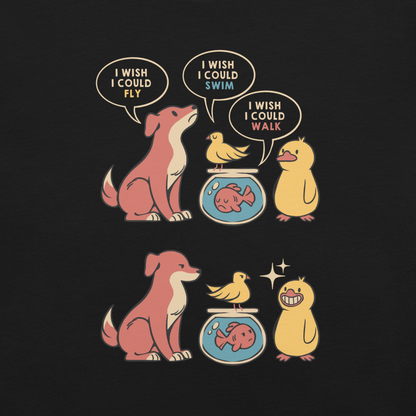 This funny and heartwarming illustration shows a dog, a bird, a fish and a duck each wishing they could do what the others can — fly, swim or walk. In the end, the duck proudly realizes it can do all three, delivering a cute reminder to appreciate your own abilities. A perfect illustration for animal lovers and fans of positive, humorous art.
