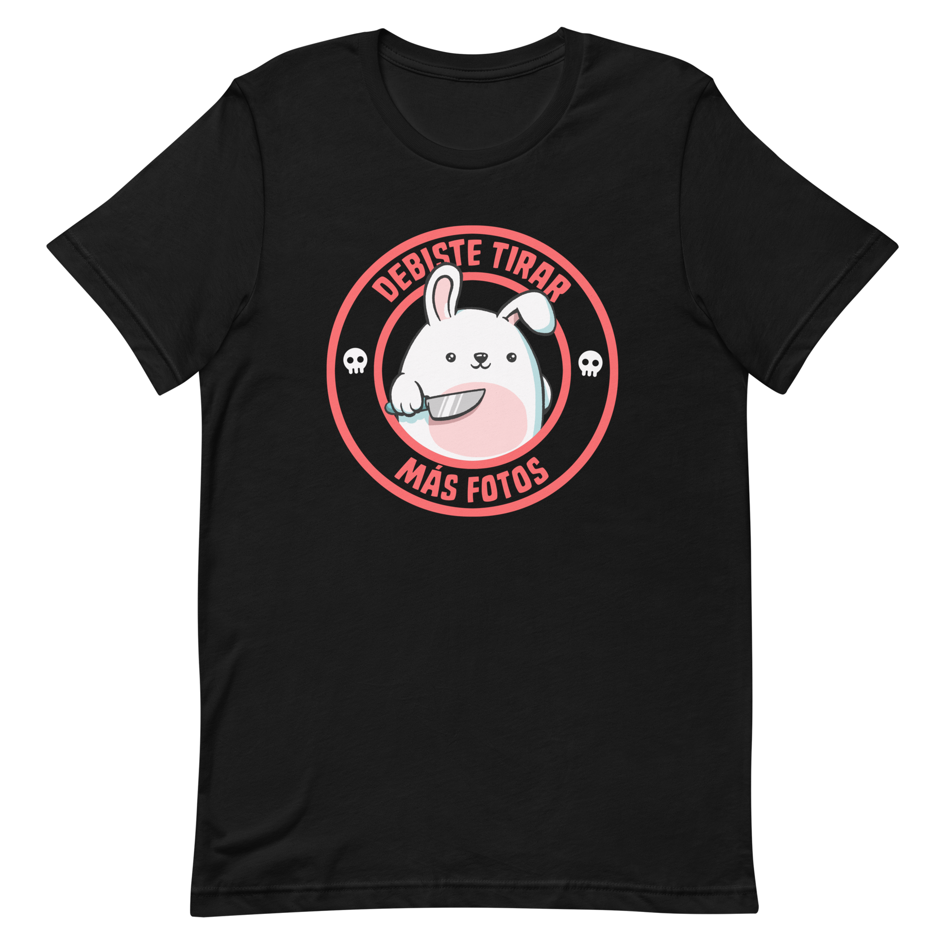 A cute white cartoon bunny with a pink belly stands holding a large kitchen knife in one paw. Surrounding the bunny is a red circular border with the words 'DEBISTE TIRAR MÁS FOTOS'. Small skull icons are on either side of the circle. The overall tone is a mix of adorable and ironic humor.