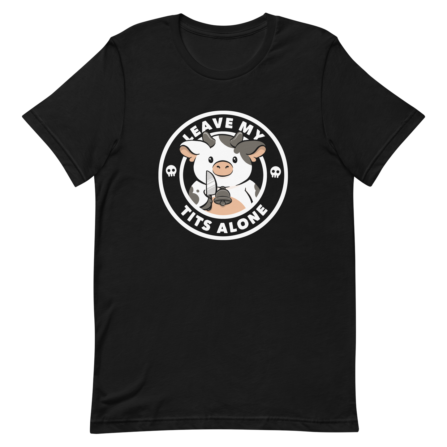 A quirky stamp-style design featuring a cute spotted cow holding a knife with the phrase “Leave My Tits Alone.” It mixes humor, attitude, and a playful call for animal respect. Perfect for cow lovers, fans of sassy humor, and anyone who supports animal rights.