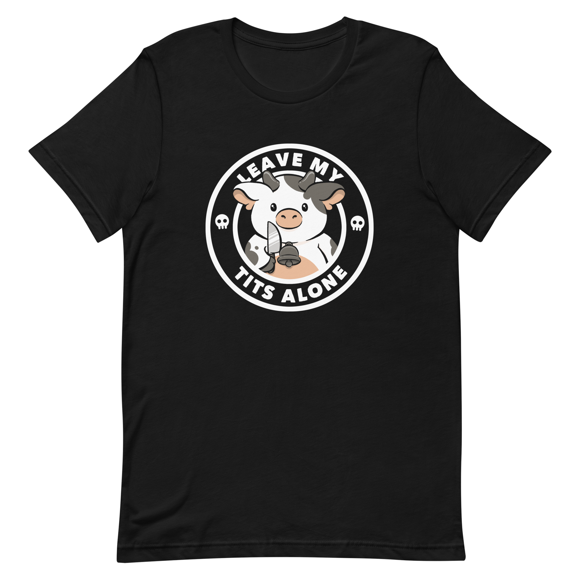 A quirky stamp-style design featuring a cute spotted cow holding a knife with the phrase “Leave My Tits Alone.” It mixes humor, attitude, and a playful call for animal respect. Perfect for cow lovers, fans of sassy humor, and anyone who supports animal rights.