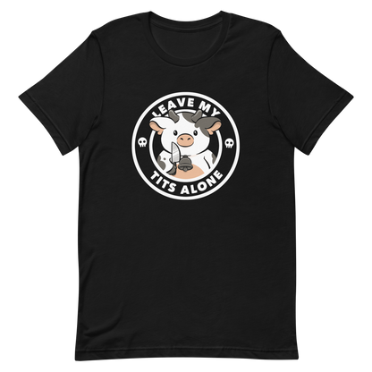 A quirky stamp-style design featuring a cute spotted cow holding a knife with the phrase “Leave My Tits Alone.” It mixes humor, attitude, and a playful call for animal respect. Perfect for cow lovers, fans of sassy humor, and anyone who supports animal rights.