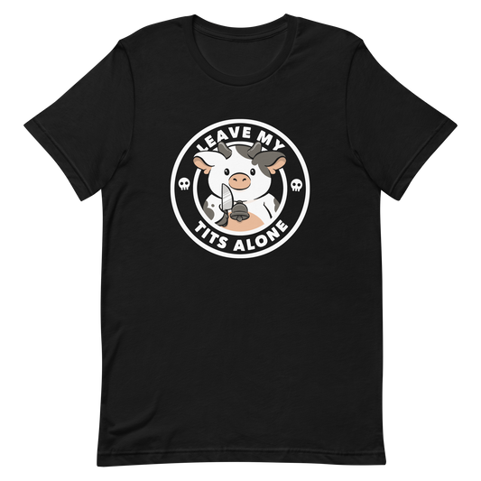 A quirky stamp-style design featuring a cute spotted cow holding a knife with the phrase “Leave My Tits Alone.” It mixes humor, attitude, and a playful call for animal respect. Perfect for cow lovers, fans of sassy humor, and anyone who supports animal rights.