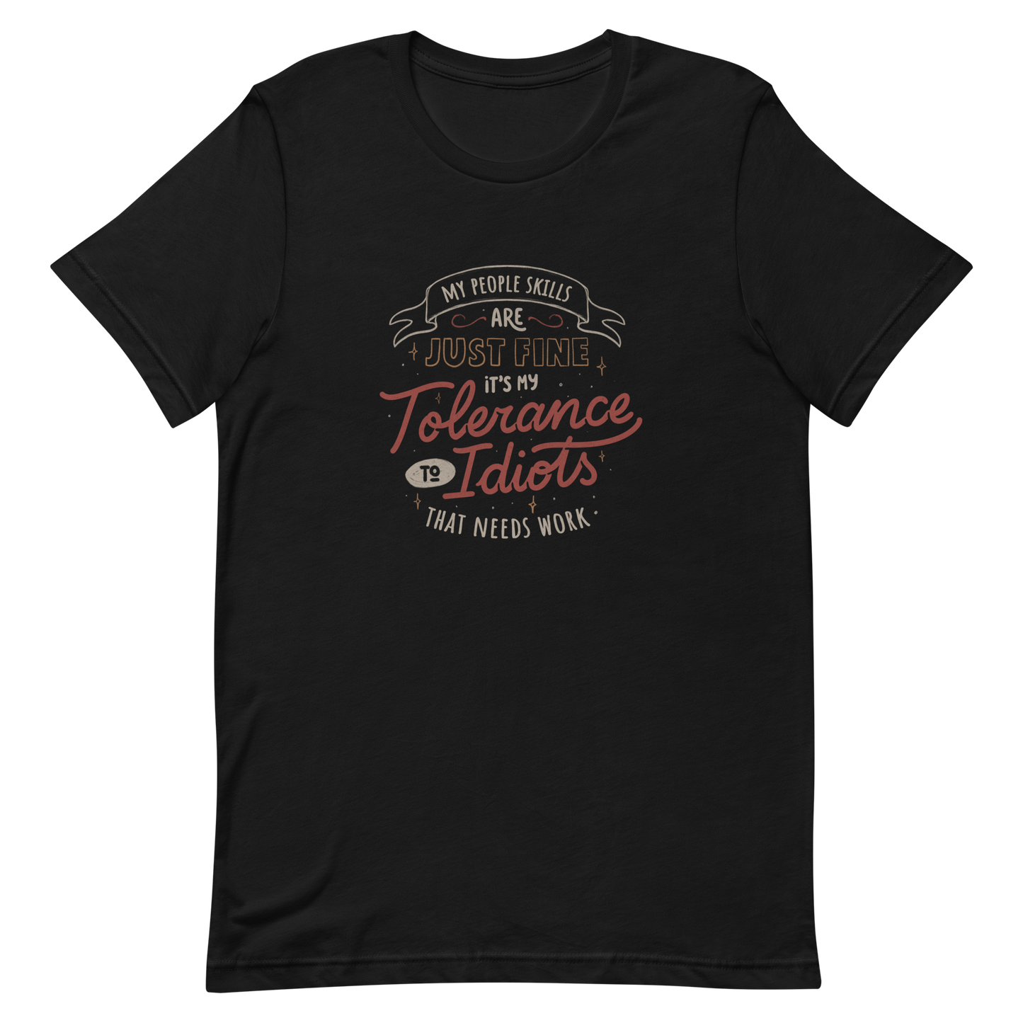 A sarcastic and funny lettering featuring the phrase “My People Skills Are Just Fine, It’s My Tolerance To Idiots That Needs Work”. Perfect for introverts, coworkers, and anyone who loves dry humor and witty quotes.