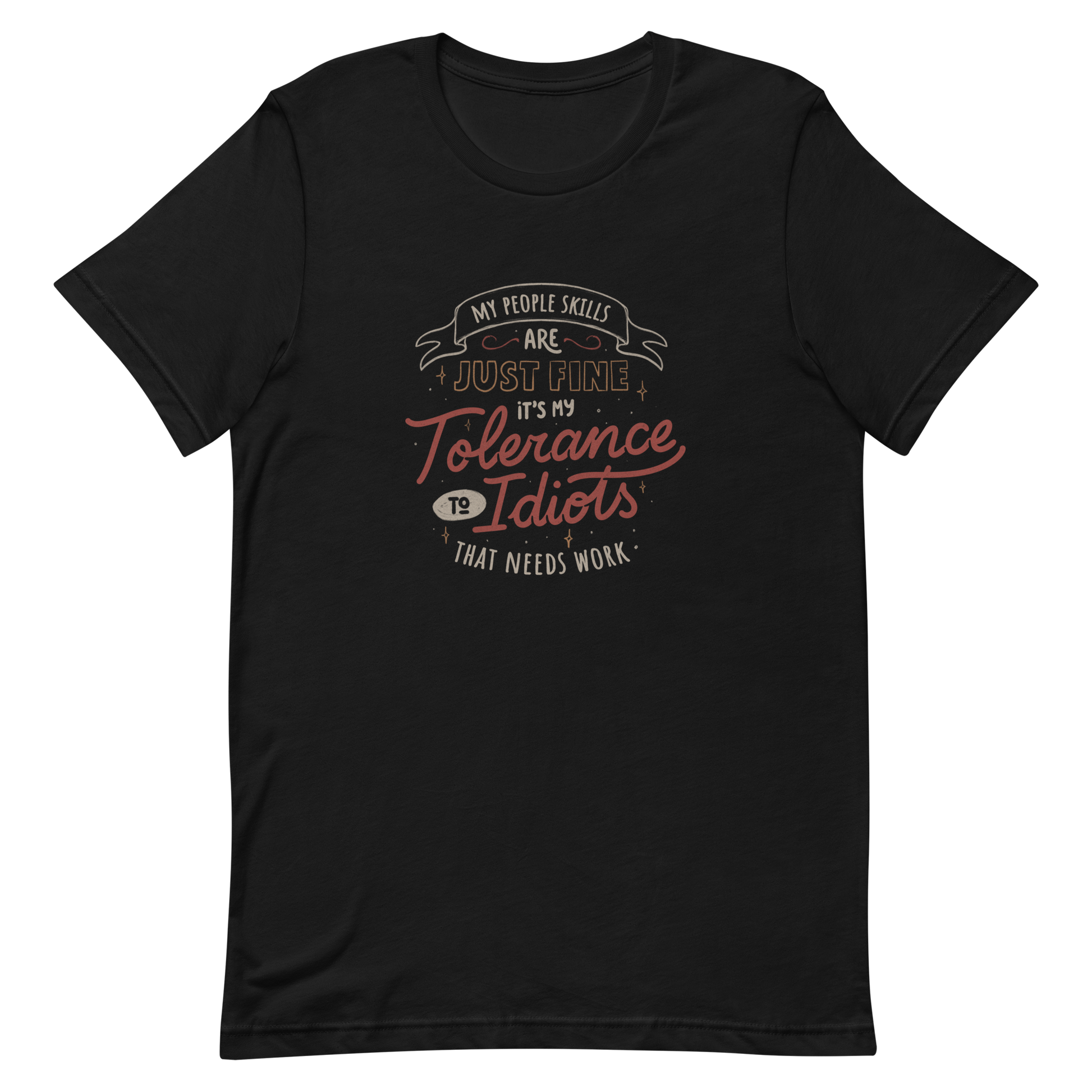 A sarcastic and funny lettering featuring the phrase “My People Skills Are Just Fine, It’s My Tolerance To Idiots That Needs Work”. Perfect for introverts, coworkers, and anyone who loves dry humor and witty quotes.