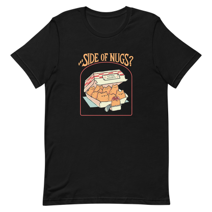 A box of cute, cat-shaped chicken nuggets, with the text "side of nugs?" on top. A work of art that blends humor, kittens, and fast food.