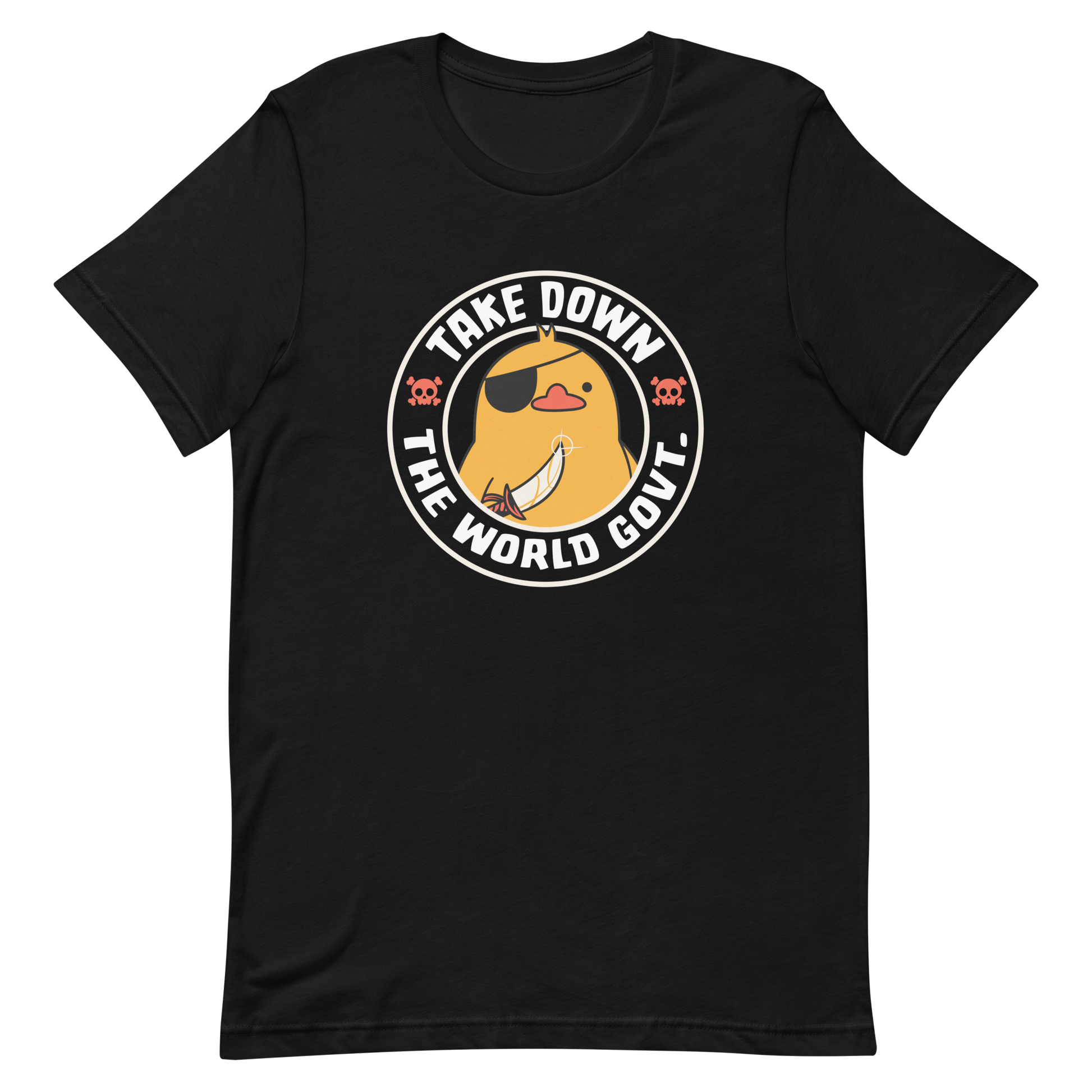 A stamp-like design featuring a fearless duck wearing an eyepatch and wielding a sword, with the words “Take Down The World Govt.” written around it. This artwork represents rebellion and independence for those who refuse to follow rules . Ideal for free-spirited people, pirate adventures appreciators, duck lovers or those who simply enjoy unique and irreverent art.