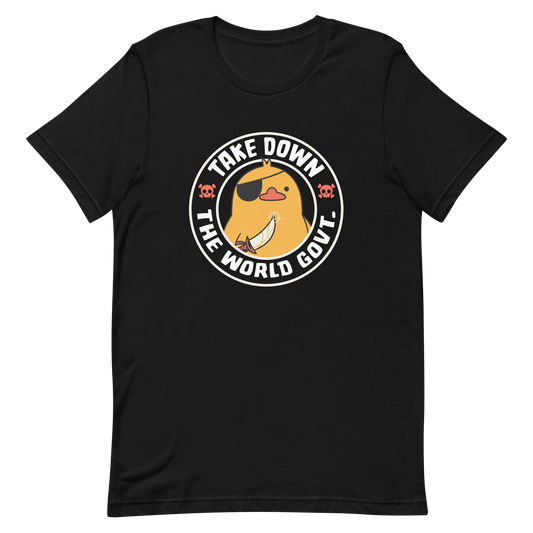 A stamp-like design featuring a fearless duck wearing an eyepatch and wielding a sword, with the words “Take Down The World Govt.” written around it. This artwork represents rebellion and independence for those who refuse to follow rules . Ideal for free-spirited people, pirate adventures appreciators, duck lovers or those who simply enjoy unique and irreverent art.