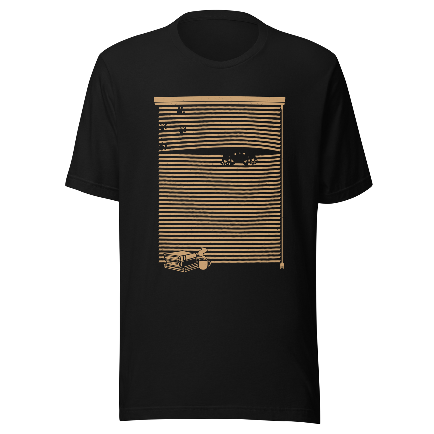 A Venetian blind with a stack of books in front of it and a small black cat peeking through a gap as if spying on the outside world. A charming and playful piece of art, perfect for cat owners, book lovers, and anyone who enjoys cozy, whimsical illustrations.