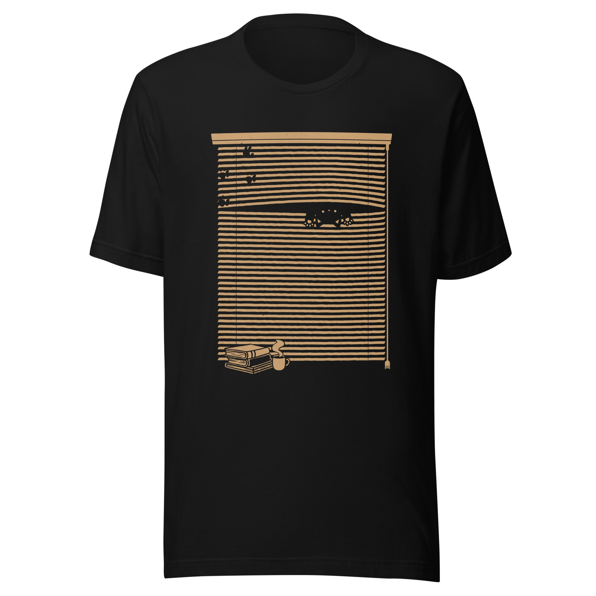 A Venetian blind with a stack of books in front of it and a small black cat peeking through a gap as if spying on the outside world. A charming and playful piece of art, perfect for cat owners, book lovers, and anyone who enjoys cozy, whimsical illustrations.