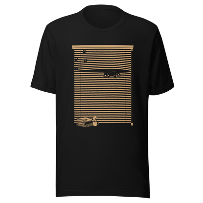 A Venetian blind with a stack of books in front of it and a small black cat peeking through a gap as if spying on the outside world. A charming and playful piece of art, perfect for cat owners, book lovers, and anyone who enjoys cozy, whimsical illustrations.