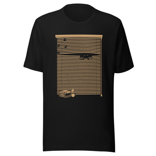 A Venetian blind with a stack of books in front of it and a small black cat peeking through a gap as if spying on the outside world. A charming and playful piece of art, perfect for cat owners, book lovers, and anyone who enjoys cozy, whimsical illustrations.