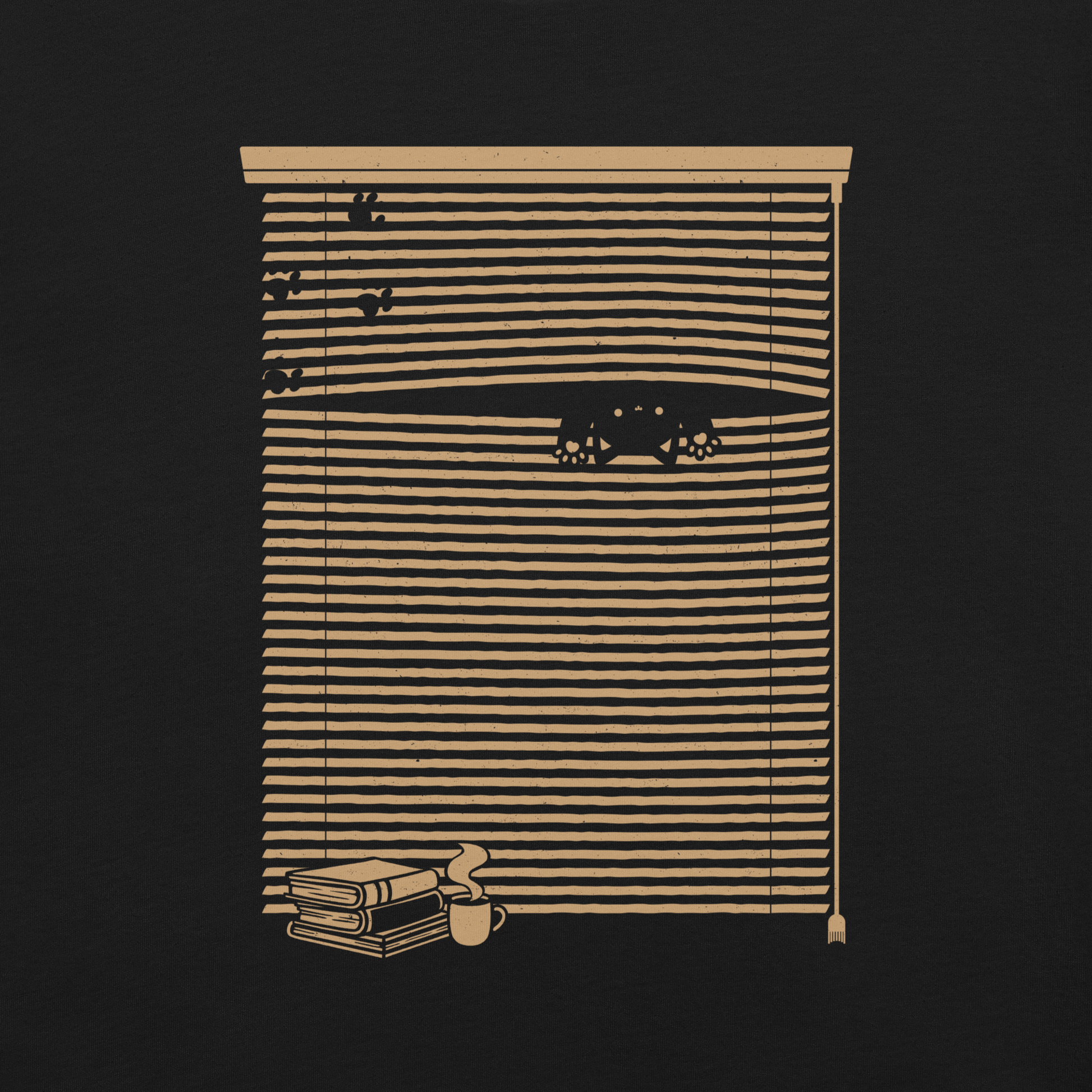 A Venetian blind with a stack of books in front of it and a small black cat peeking through a gap as if spying on the outside world. A charming and playful piece of art, perfect for cat owners, book lovers, and anyone who enjoys cozy, whimsical illustrations.