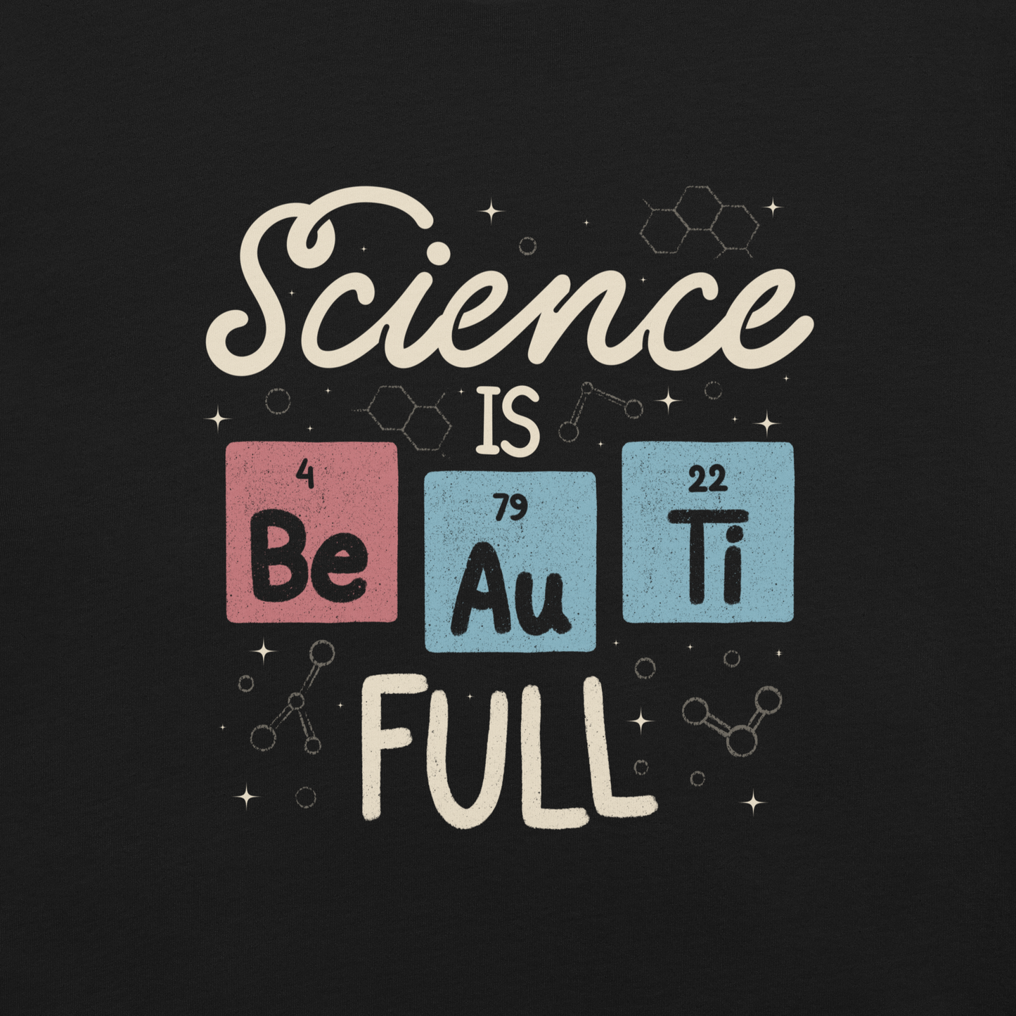 A lettering piece featuring the phrase "Science is Be Au Ti Full," with Be, Au, and Ti cleverly represented as chemical elements from the periodic table. A fun and playful artwork, perfect for anyone who loves science with a touch of humor.