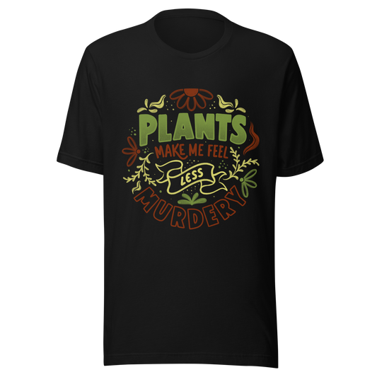 This design features leaves and flowers surrounding the bold and humorous phrase ‘Plants Make Me Feel Less Murdery’. It blends cute imagery with acerbic humour, capturing the idea that plants can soothe even the most chaotic moods. Ideal for plant parents who appreciate a clever and slightly sarcastic take on emotional honesty.