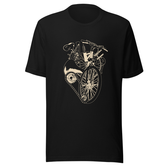 A single-colour artwork that forms an anatomical heart crafted entirely from bicycle parts, including wheels, handlebars, chains and other mechanical details. A clean and minimalist composition that blends creativity with a love for cycling. Perfect for cyclists, bike enthusiasts and anyone passionate about life on two wheels.