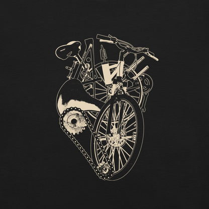 A single-colour artwork that forms an anatomical heart crafted entirely from bicycle parts, including wheels, handlebars, chains and other mechanical details. A clean and minimalist composition that blends creativity with a love for cycling. Perfect for cyclists, bike enthusiasts and anyone passionate about life on two wheels.
