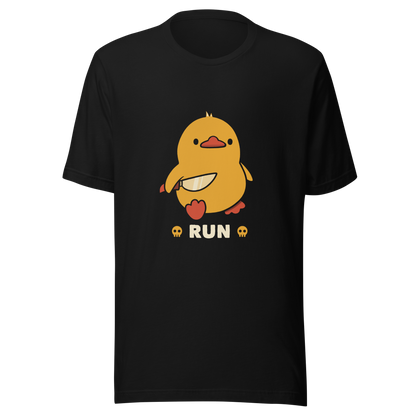 A cute yellow duck holding a small knife, with the text "Run" below it. This artwork blends humor with the ducks temperament.