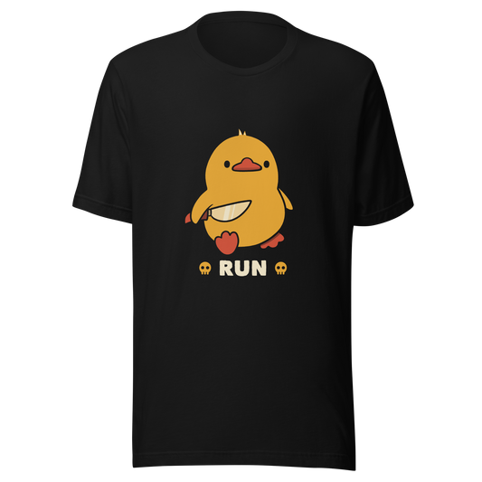A cute yellow duck holding a small knife, with the text "Run" below it. This artwork blends humor with the ducks temperament.