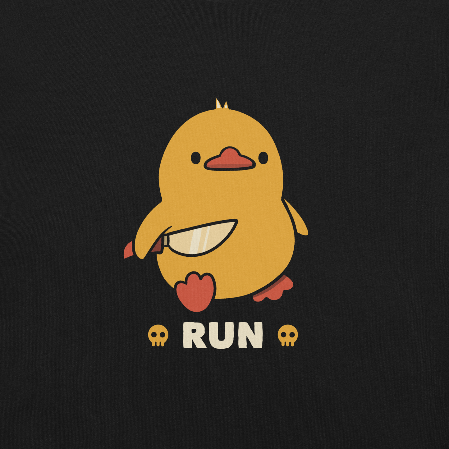 A cute yellow duck holding a small knife, with the text "Run" below it. This artwork blends humor with the ducks temperament.