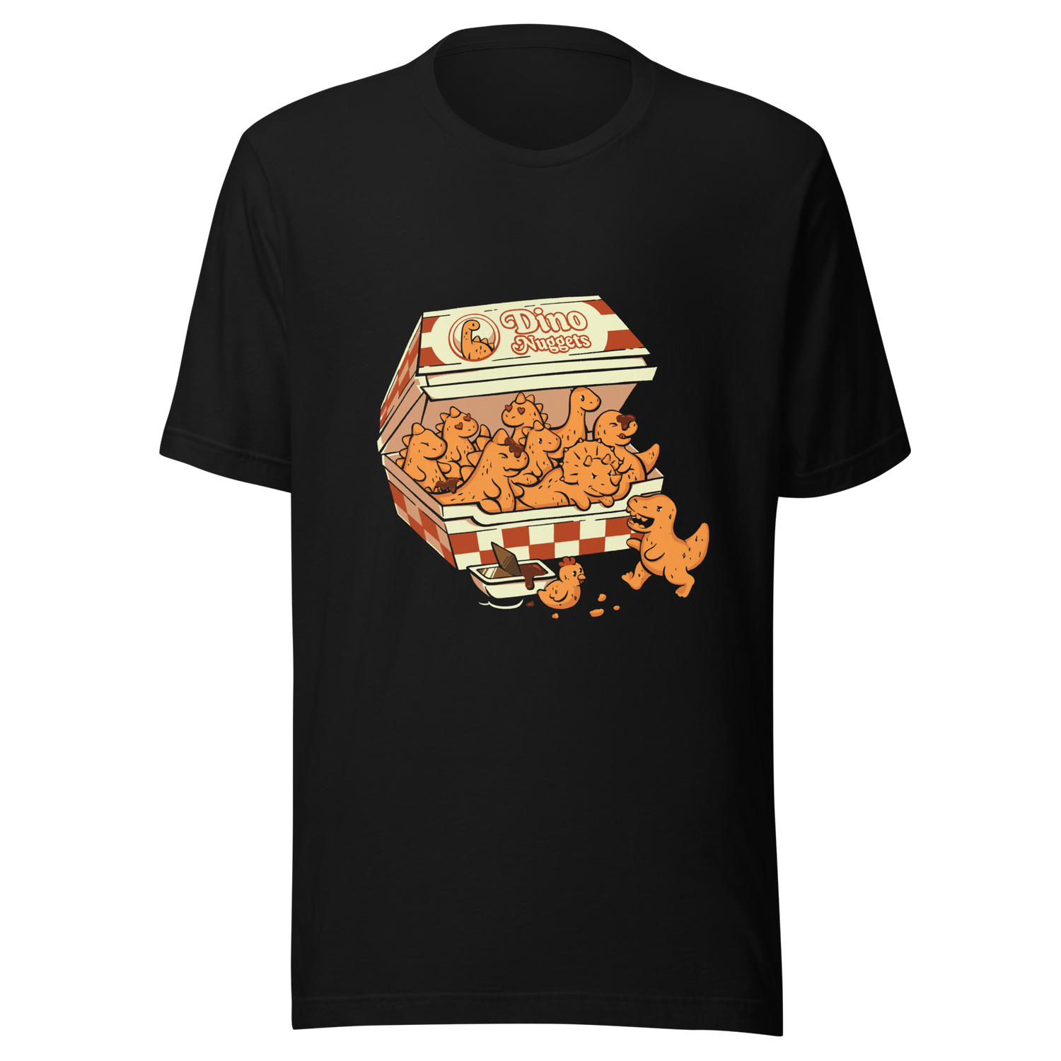 A box with the "Dino Nuggets" logo filled with crispy, golden nuggets shaped like various dinosaurs and a chicken. This design blends humor and creativity in a playful take on this beloved snack. Perfect for pop culture fans, food lovers, or anyone looking for an original gift.