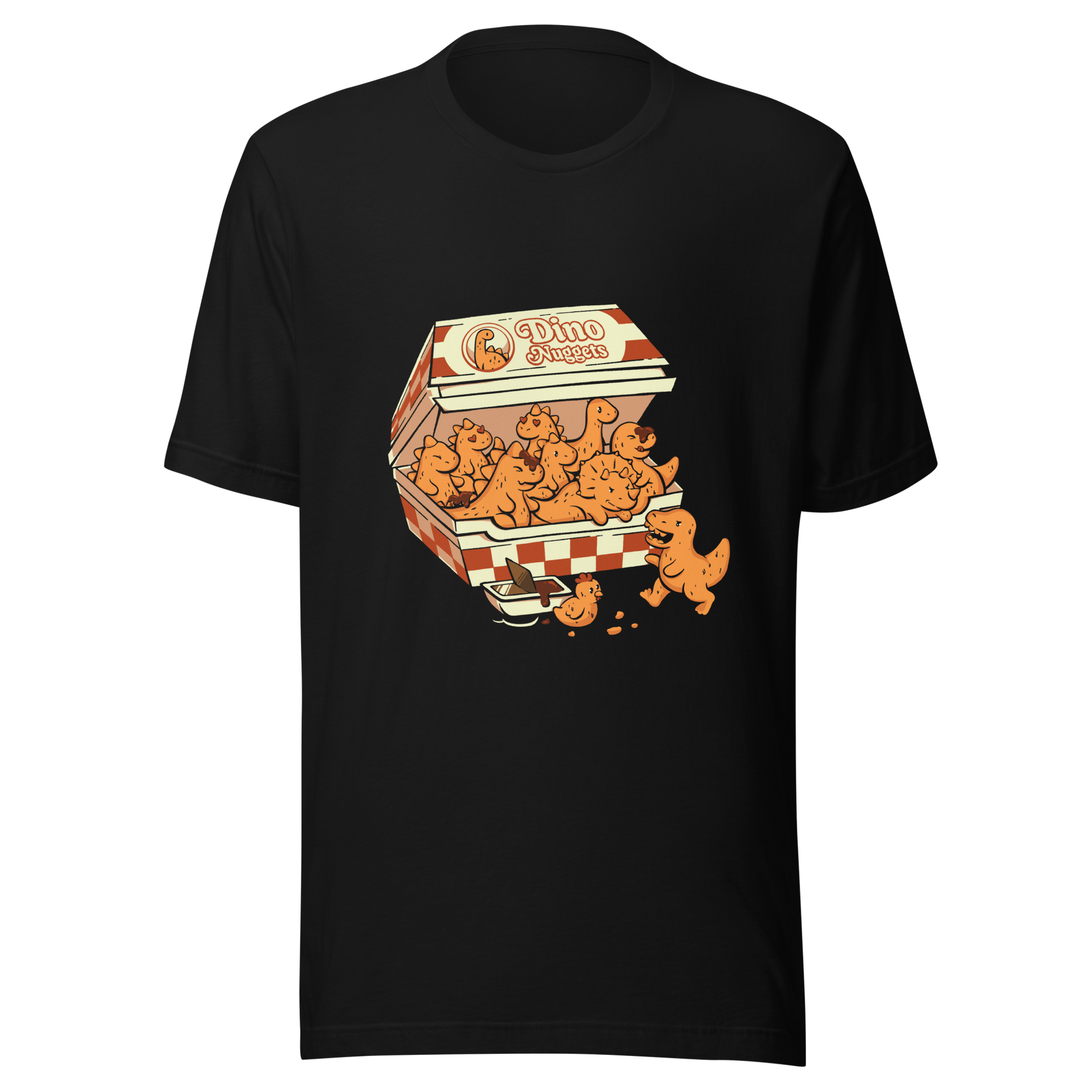 A box with the "Dino Nuggets" logo filled with crispy, golden nuggets shaped like various dinosaurs and a chicken. This design blends humor and creativity in a playful take on this beloved snack. Perfect for pop culture fans, food lovers, or anyone looking for an original gift.