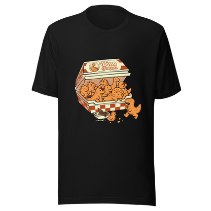 A box with the "Dino Nuggets" logo filled with crispy, golden nuggets shaped like various dinosaurs and a chicken. This design blends humor and creativity in a playful take on this beloved snack. Perfect for pop culture fans, food lovers, or anyone looking for an original gift.