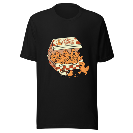 A box with the "Dino Nuggets" logo filled with crispy, golden nuggets shaped like various dinosaurs and a chicken. This design blends humor and creativity in a playful take on this beloved snack. Perfect for pop culture fans, food lovers, or anyone looking for an original gift.