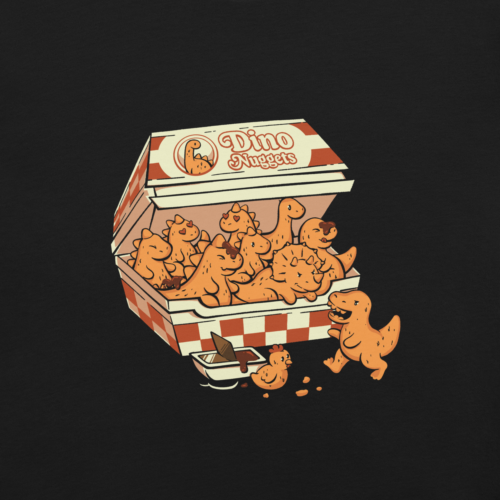A box with the "Dino Nuggets" logo filled with crispy, golden nuggets shaped like various dinosaurs and a chicken. This design blends humor and creativity in a playful take on this beloved snack. Perfect for pop culture fans, food lovers, or anyone looking for an original gift.