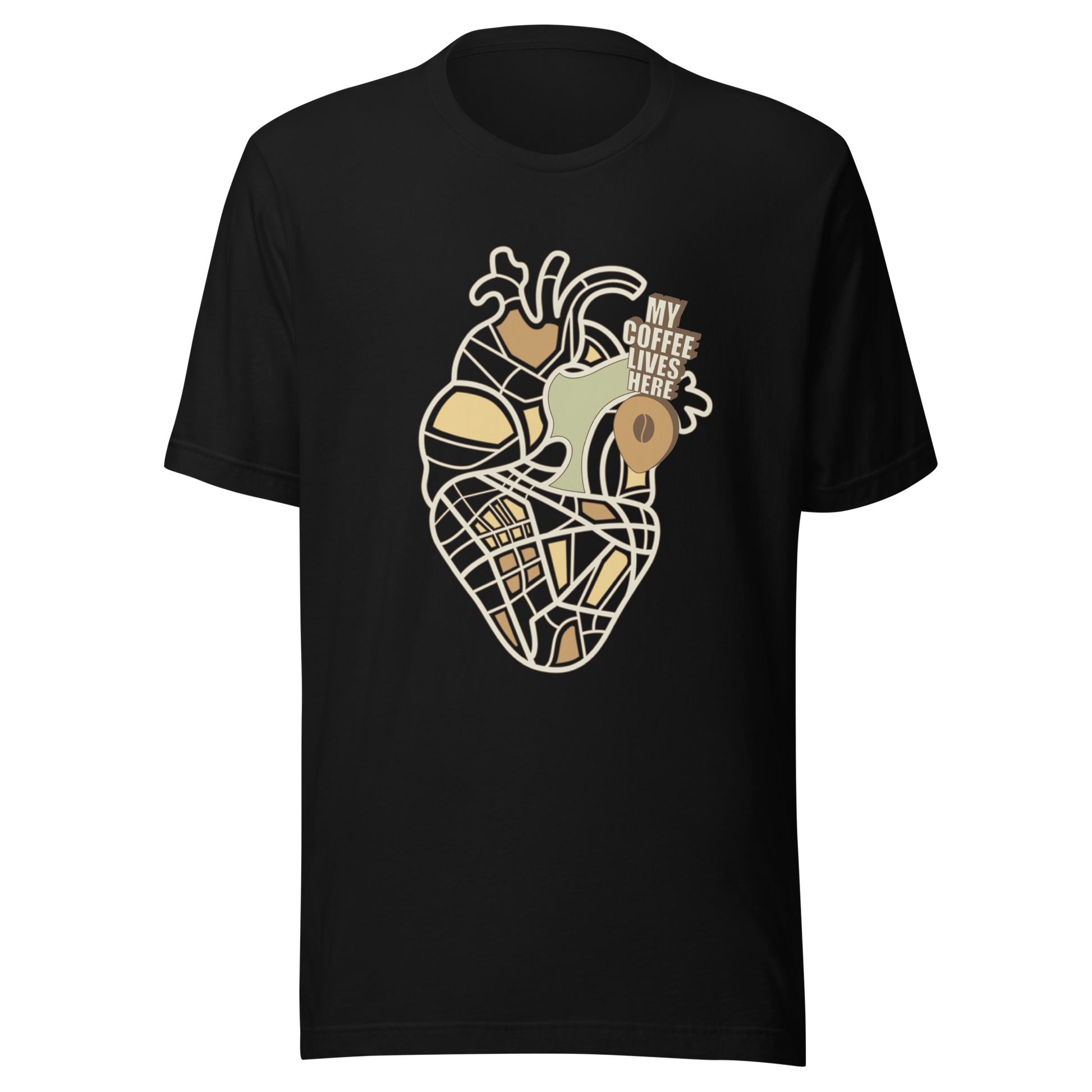 An anatomical heart illustrated like a map, marked with a small coffee-bean pin beside the phrase “My Coffee Lives Here”. A symbolic and cozy design that blends warmth and creativity, perfect for coffee lovers who treat their favorite brew as the fuel that keeps their heart beating.
