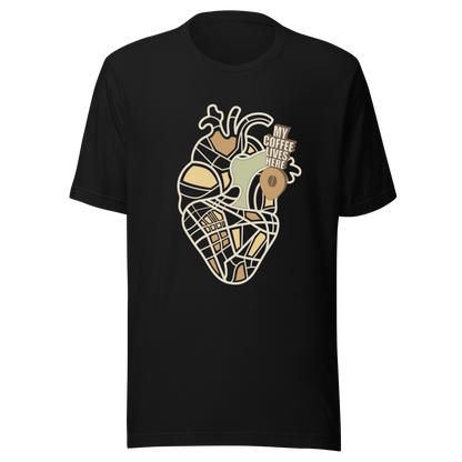 An anatomical heart illustrated like a map, marked with a small coffee-bean pin beside the phrase “My Coffee Lives Here”. A symbolic and cozy design that blends warmth and creativity, perfect for coffee lovers who treat their favorite brew as the fuel that keeps their heart beating.