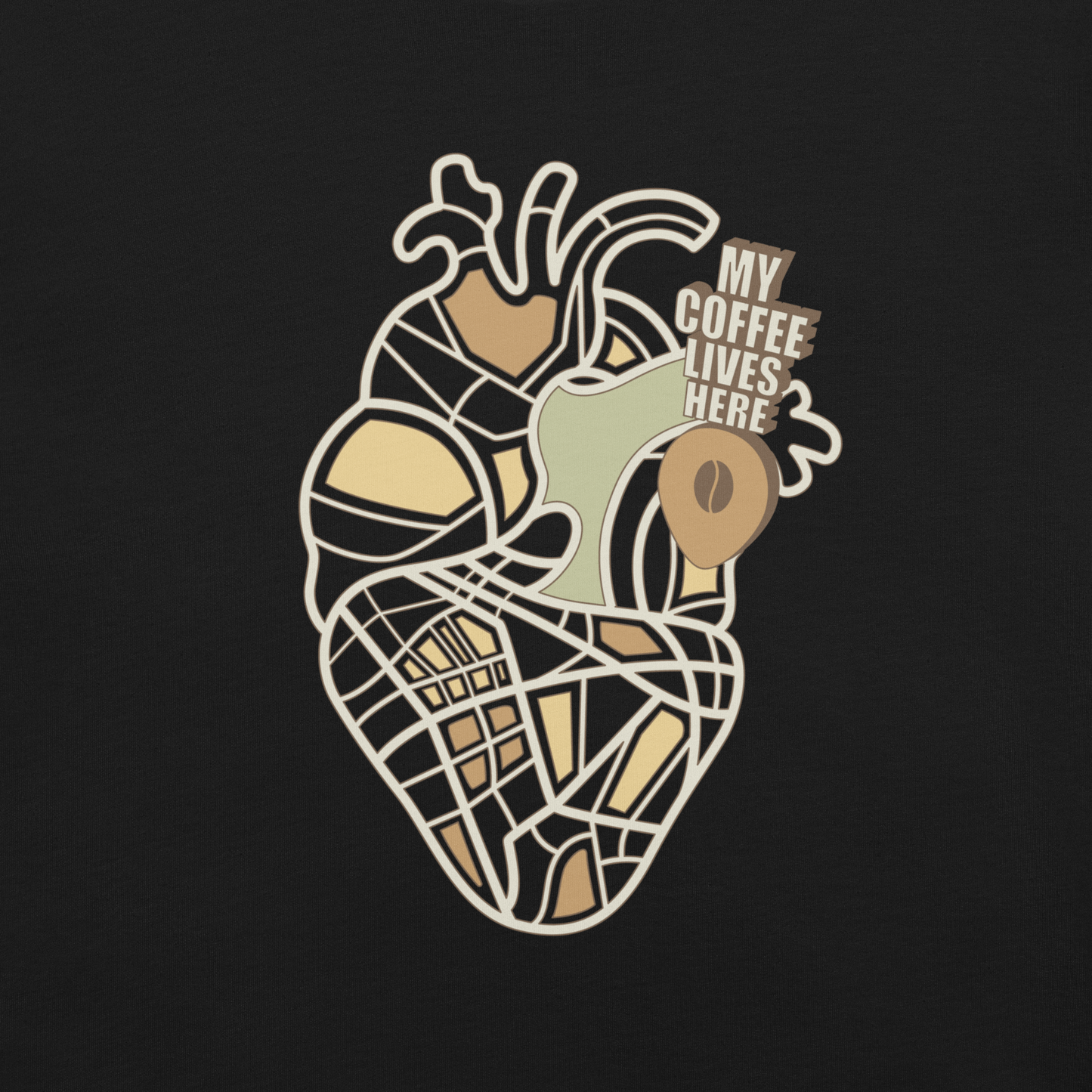 An anatomical heart illustrated like a map, marked with a small coffee-bean pin beside the phrase “My Coffee Lives Here”. A symbolic and cozy design that blends warmth and creativity, perfect for coffee lovers who treat their favorite brew as the fuel that keeps their heart beating.
