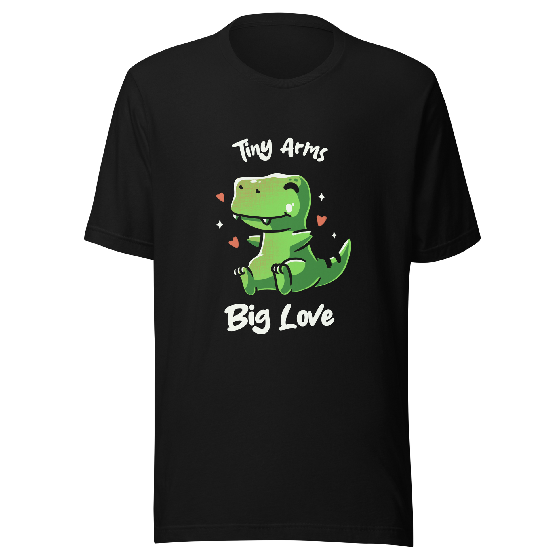 An adorable T-Rex appears in the center, with its short arms and cute smile. This design plays with the contrast between the dinosaur's ferocity and the phrase "Tiny arms, big love," delivering humor and affection. Perfect for those who love geeky, fun, and personality-filled prints, especially dinosaur fans and those with a soft heart.