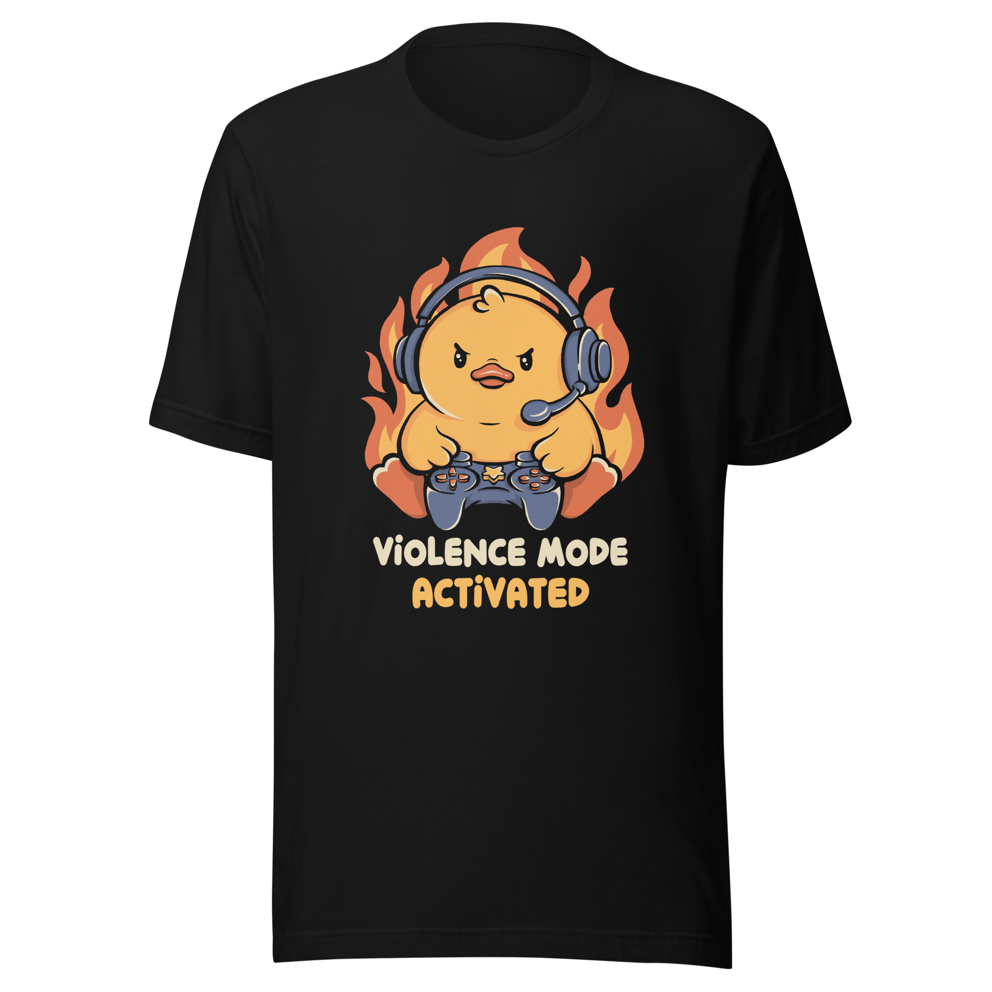 A determined duck, with flames behind it, wearing a gaming headset and holding a controller with intense focus. This design captures the humorous intensity of going full "violence mode" during competitive matches. Perfect for gamers, streamers, and fans of bold and fun geek designs.