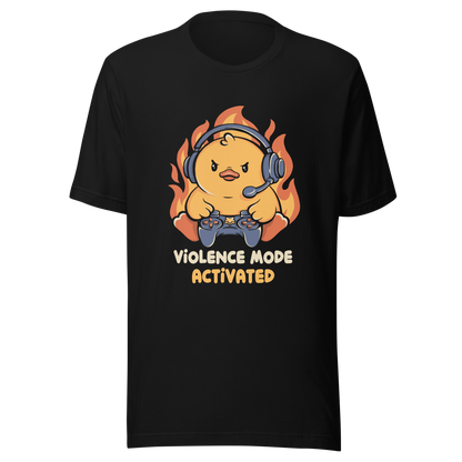 A determined duck, with flames behind it, wearing a gaming headset and holding a controller with intense focus. This design captures the humorous intensity of going full "violence mode" during competitive matches. Perfect for gamers, streamers, and fans of bold and fun geek designs.